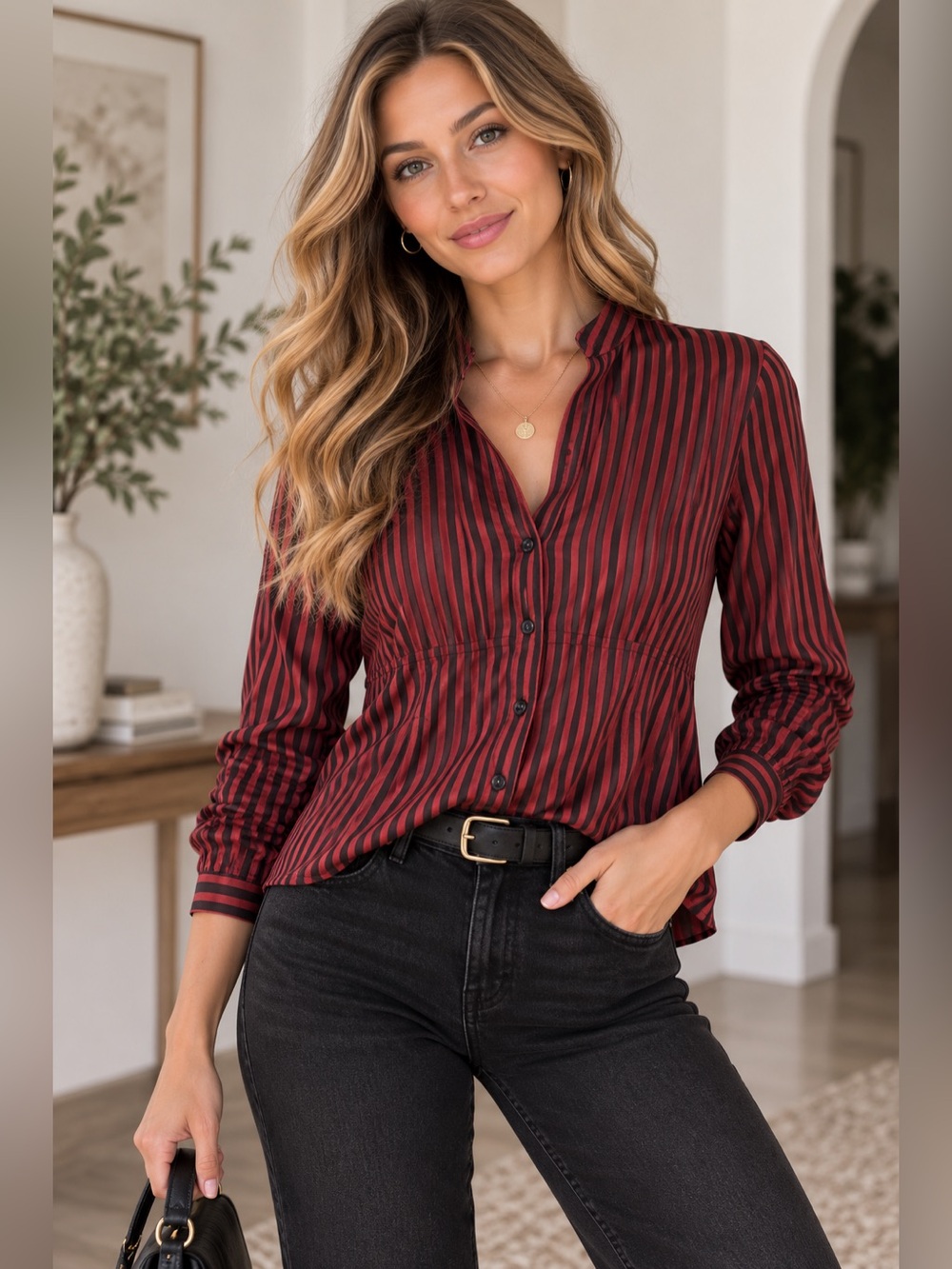 Alfani Vertical Stripe Ruched Waist Long Sleeve Button Down Blouse - Size 4